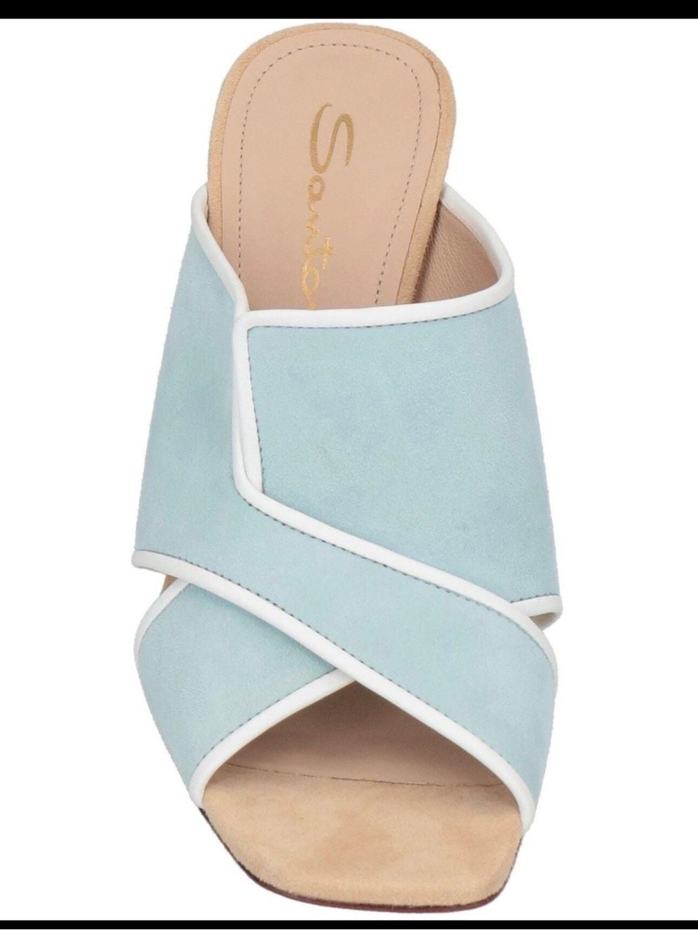 Santoni Light Blue Suede Open-Toe Block Heel Mules with White Trim - Picture 3 of 7